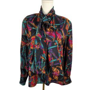 Doncaster Vintage Black Silk Blouse Size 8 Equestrian Print Tie Bow Old Money